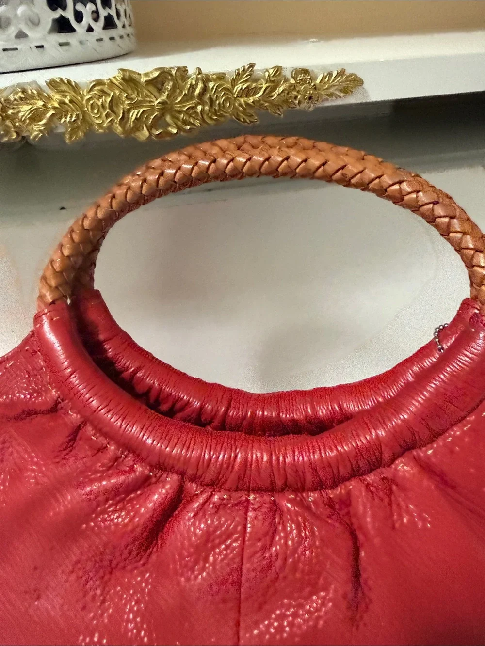 Fossil Red Leather Handbag with Braided Handles
